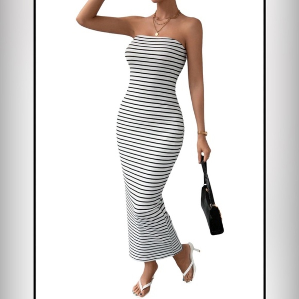 Chic Strapless Black and White Striped Dress